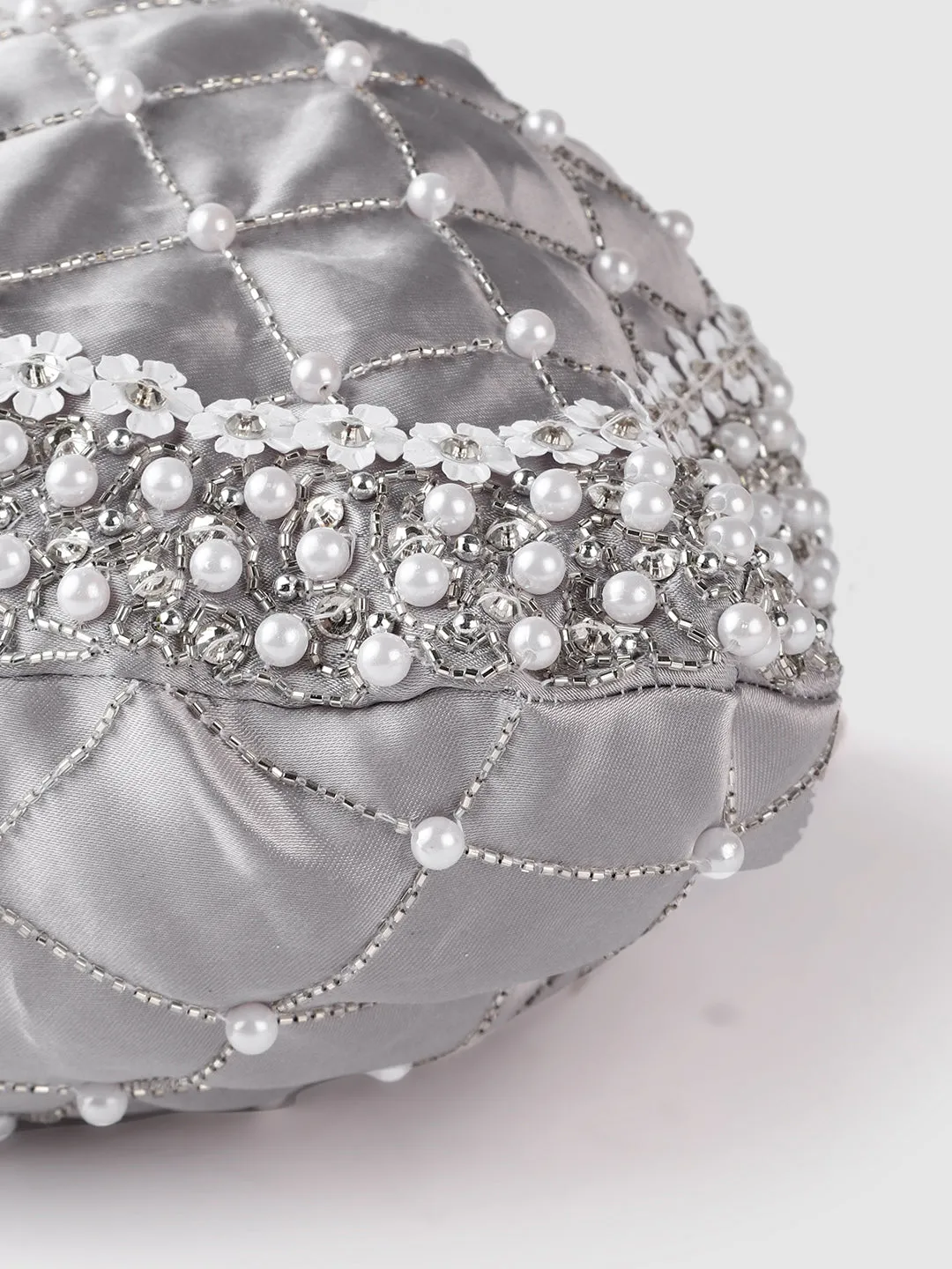 Silver Potli Bag With Silver crystals, white flowers, pearls and swarovski