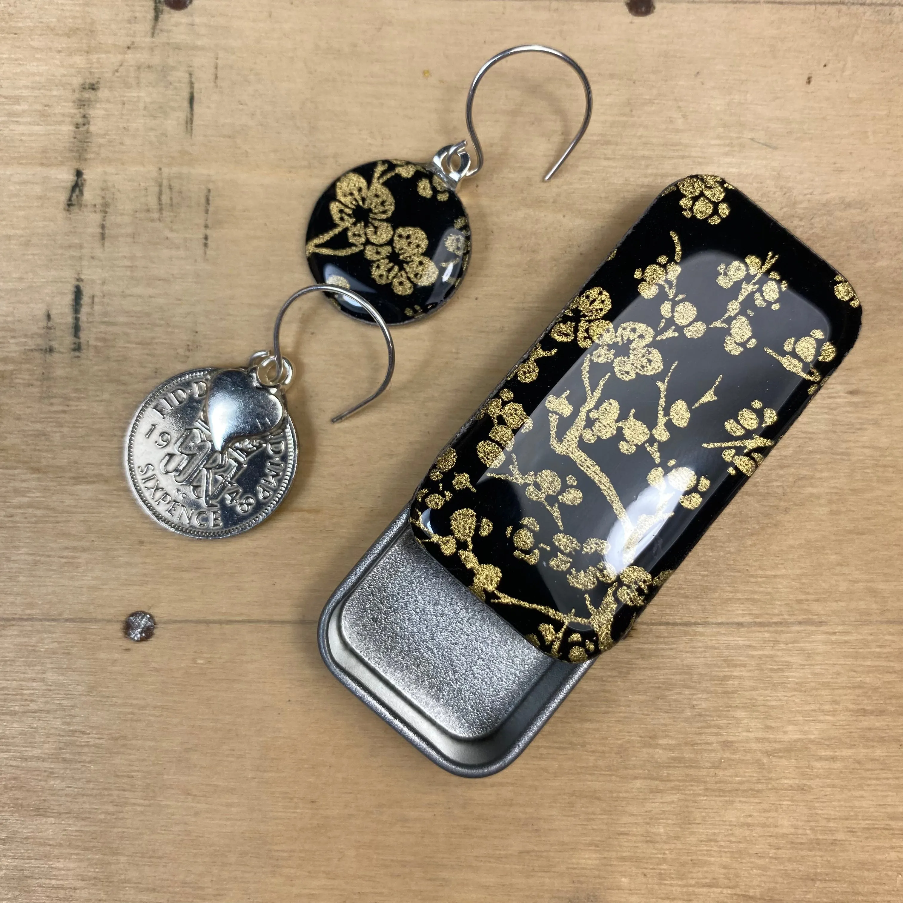 Sixpence Earrings and Teeny Tiny Tin - Sakura Gold