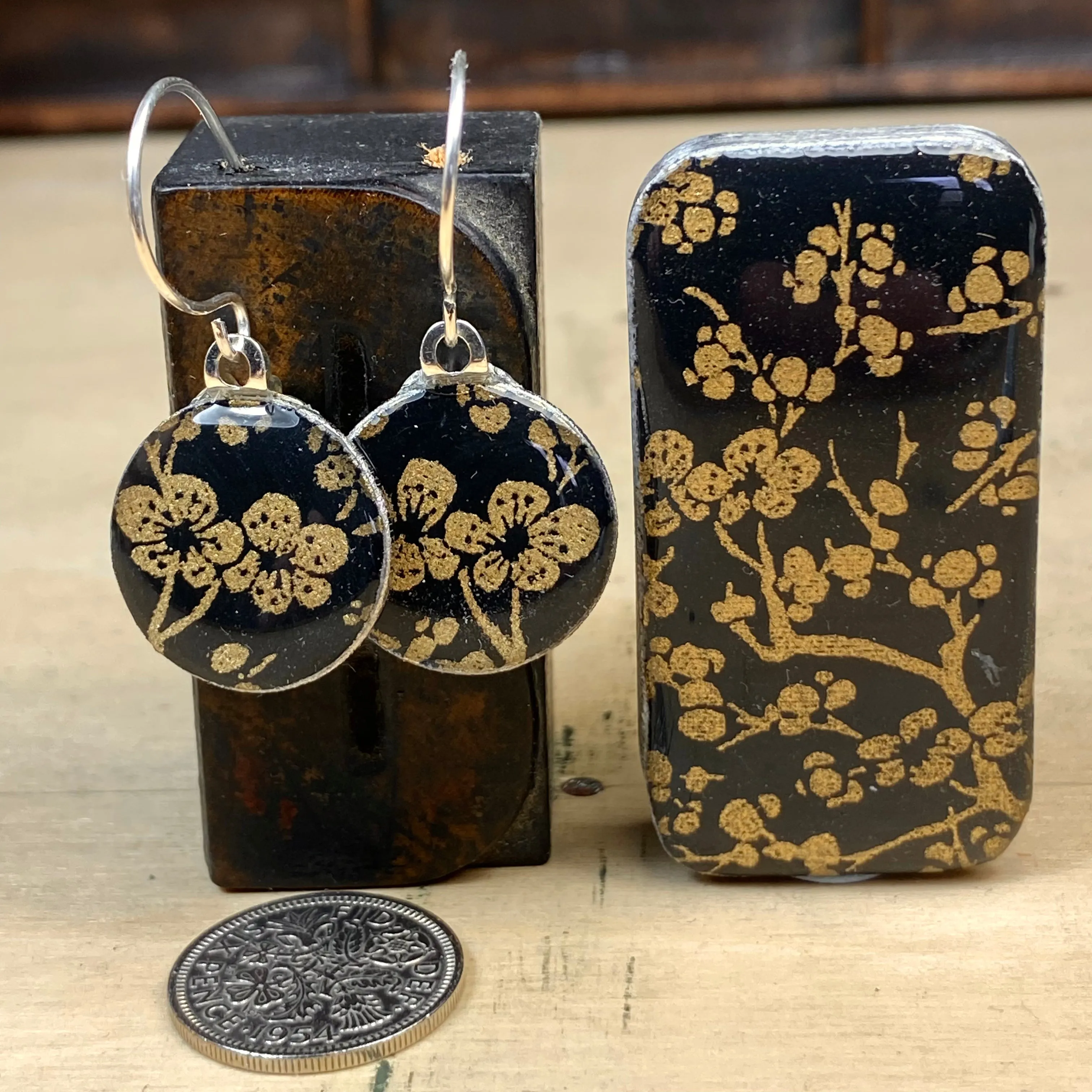 Sixpence Earrings and Teeny Tiny Tin - Sakura Gold