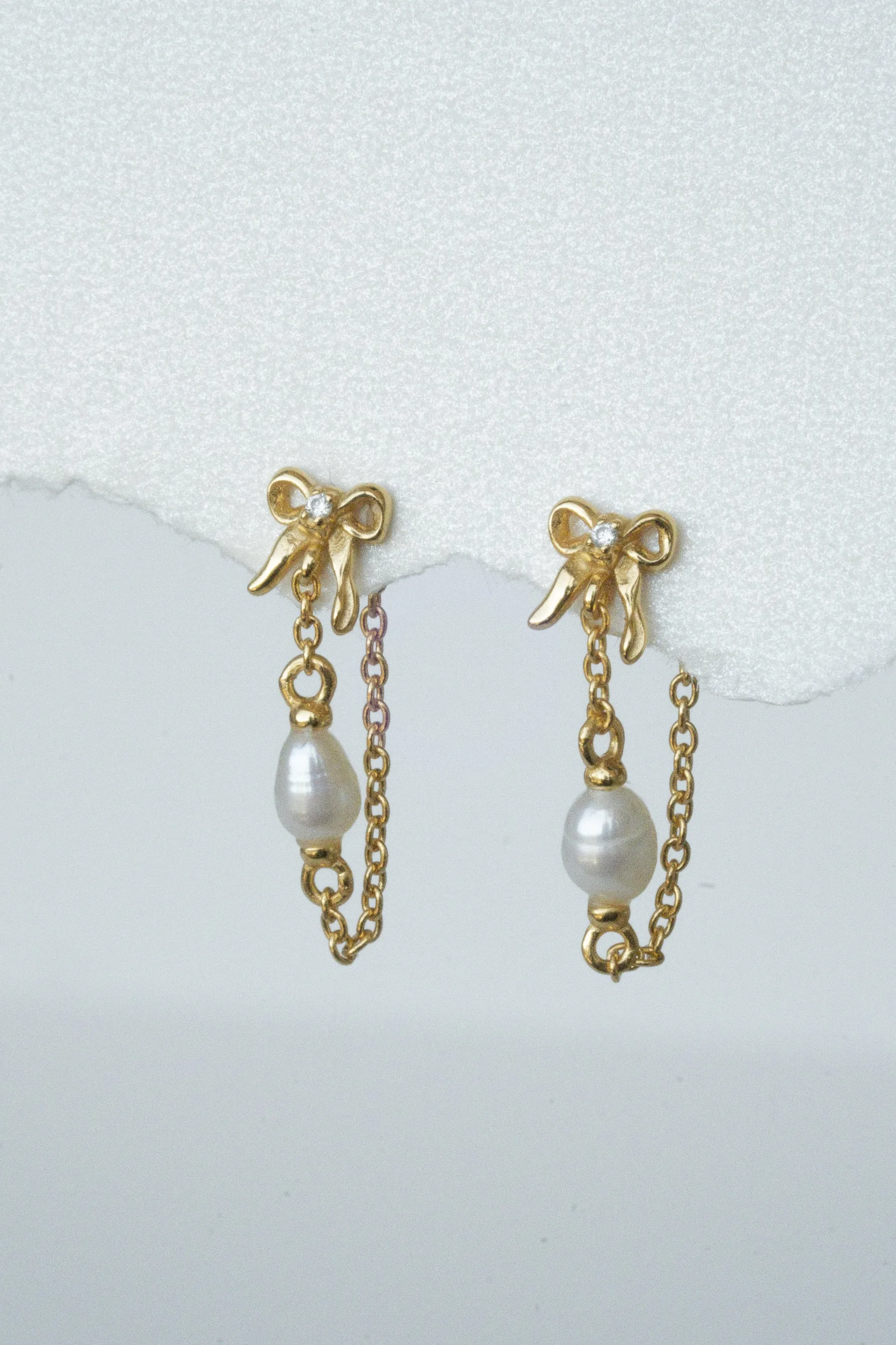 Solid Gold Bow Pearl Drop Stud