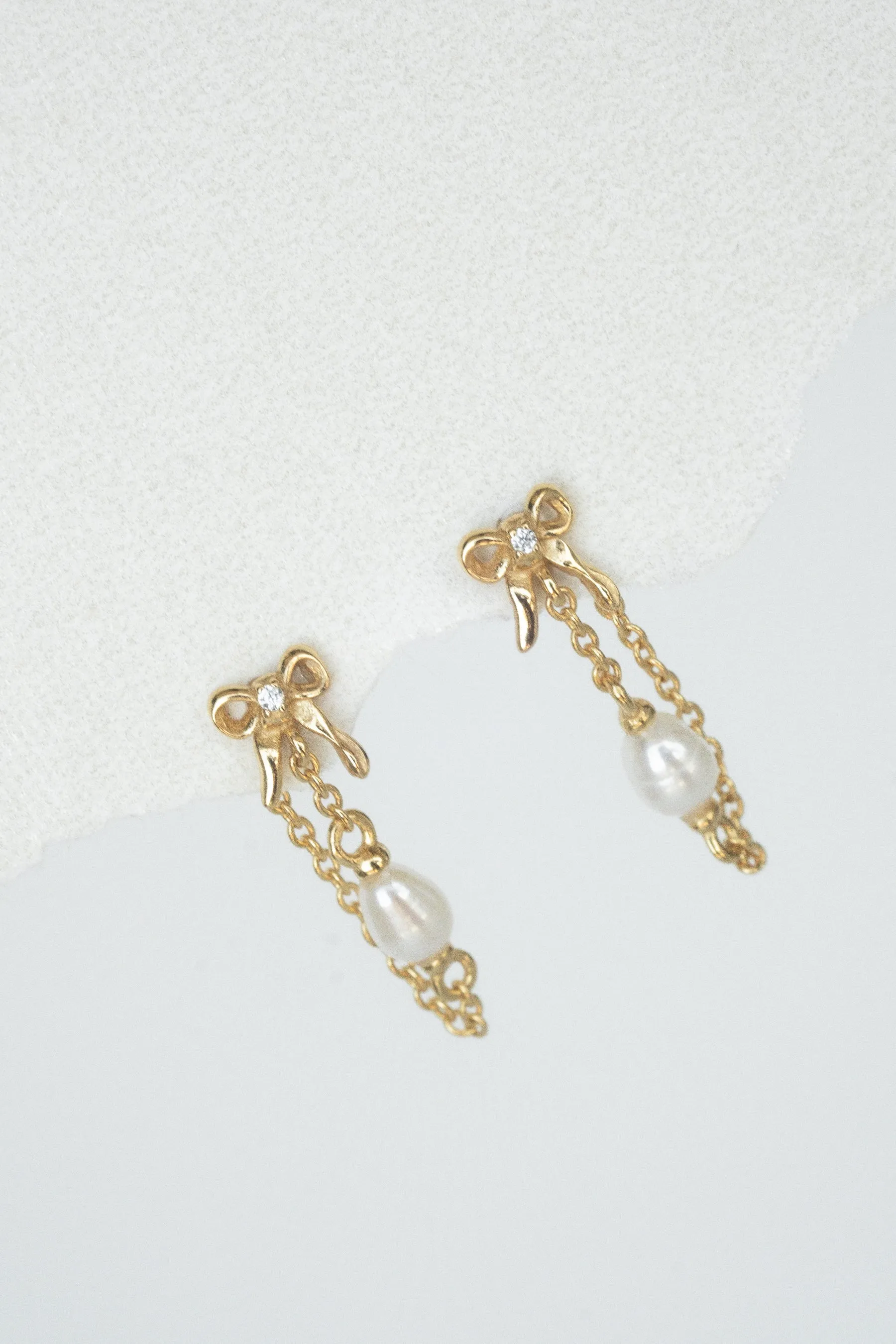 Solid Gold Bow Pearl Drop Stud