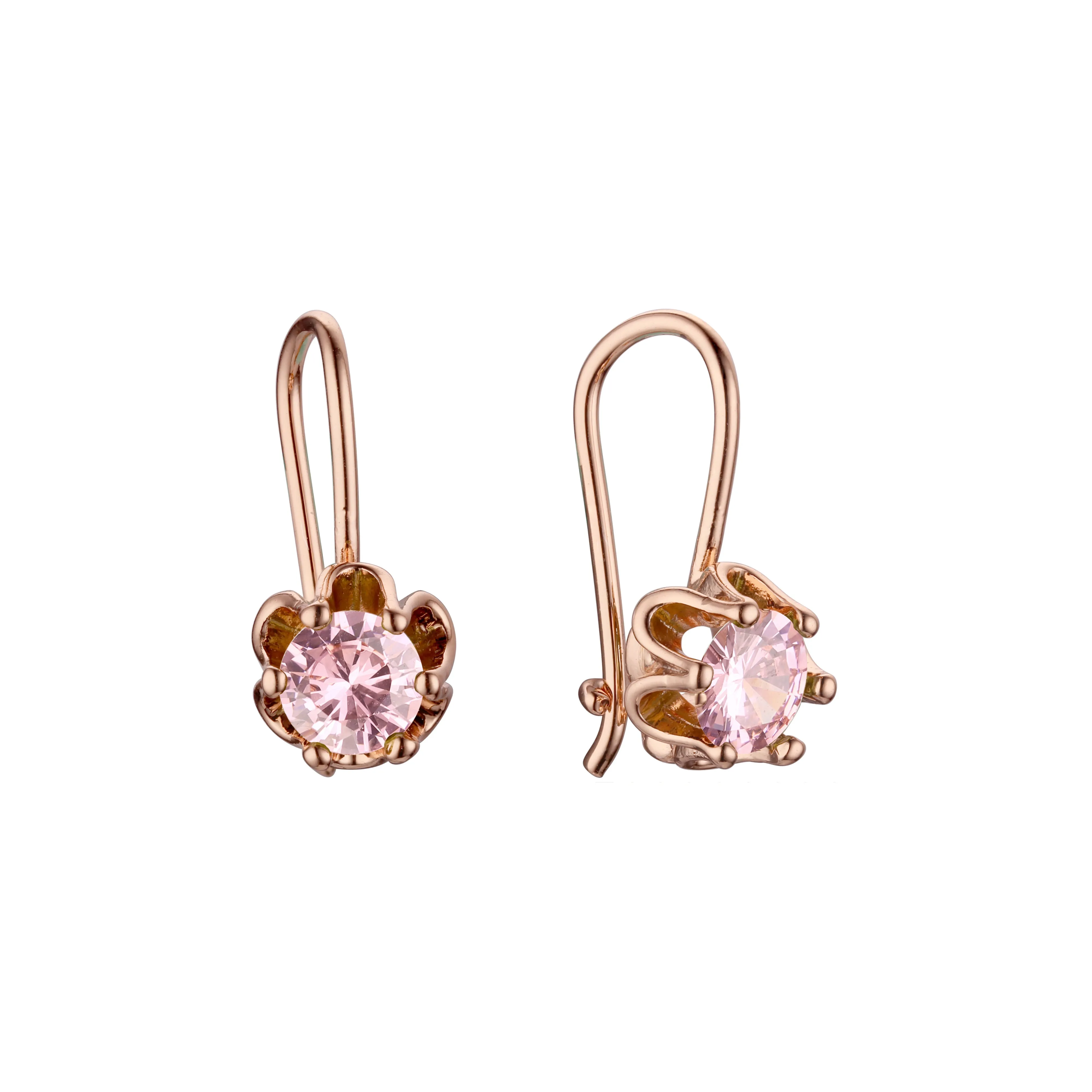 .Solitaire wire hook colorful cz earrings plated in 14K Gold, Rose Gold