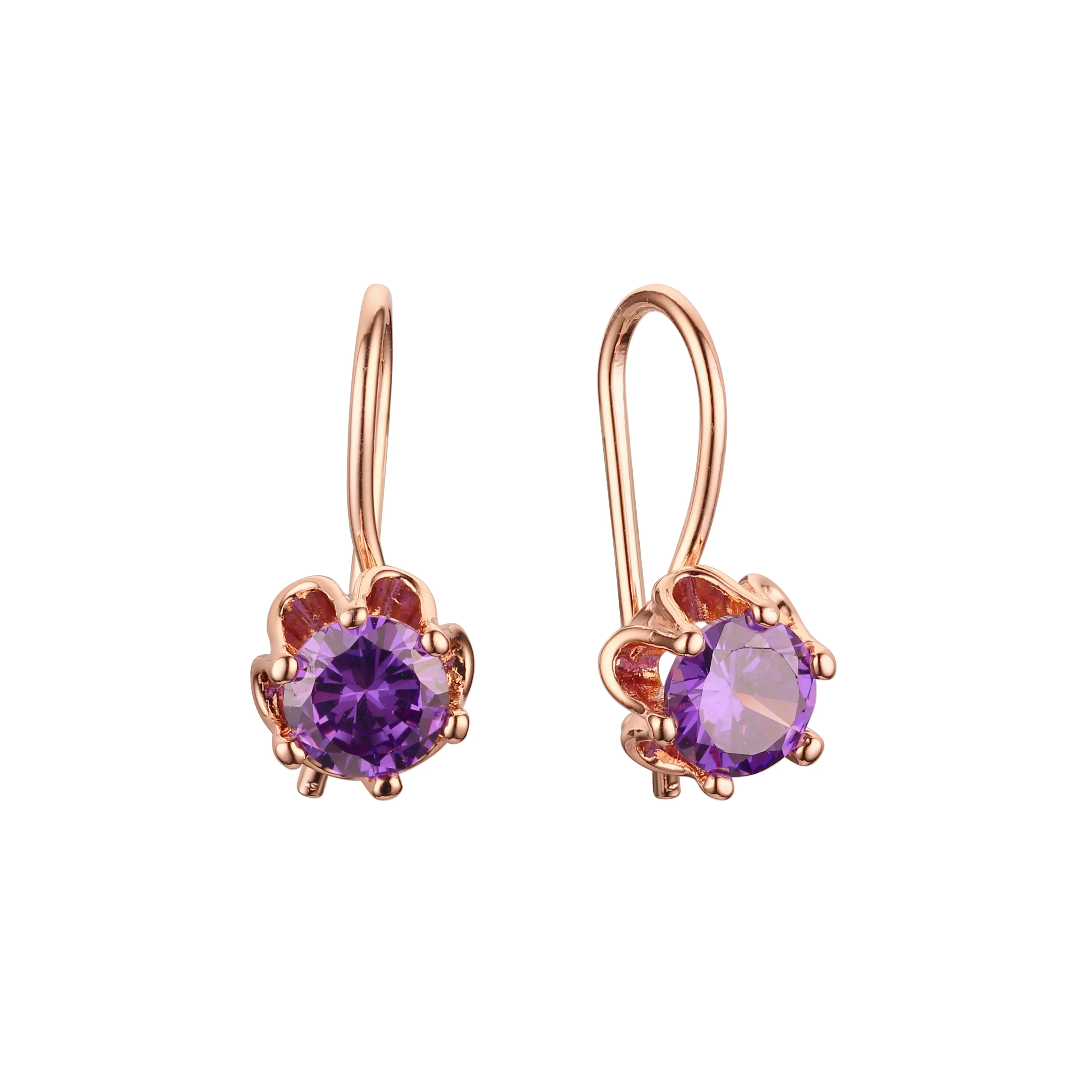 .Solitaire wire hook colorful cz earrings plated in 14K Gold, Rose Gold