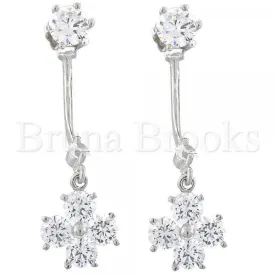 Sterling Silver 02.176.0015 Long Earring, Flower Design, with White Cubic Zirconia, Polished Finish, Rhodium Tone