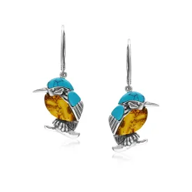 Sterling Silver Amber & Turquoise Kingfisher Earrings