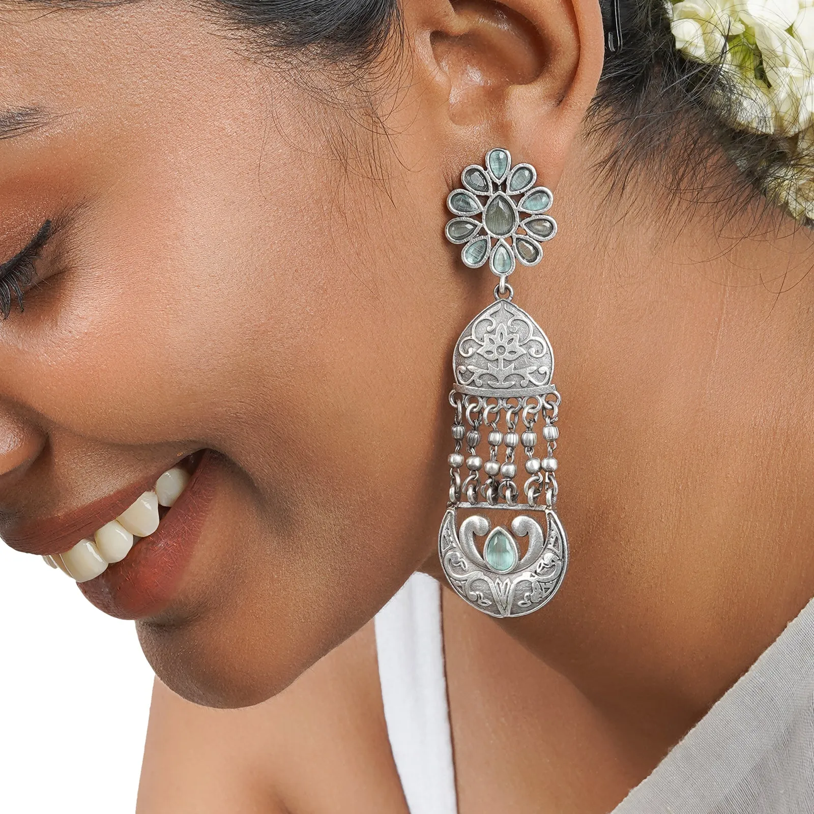 Teejh Bina Floral Green Silver Oxidised Earrings