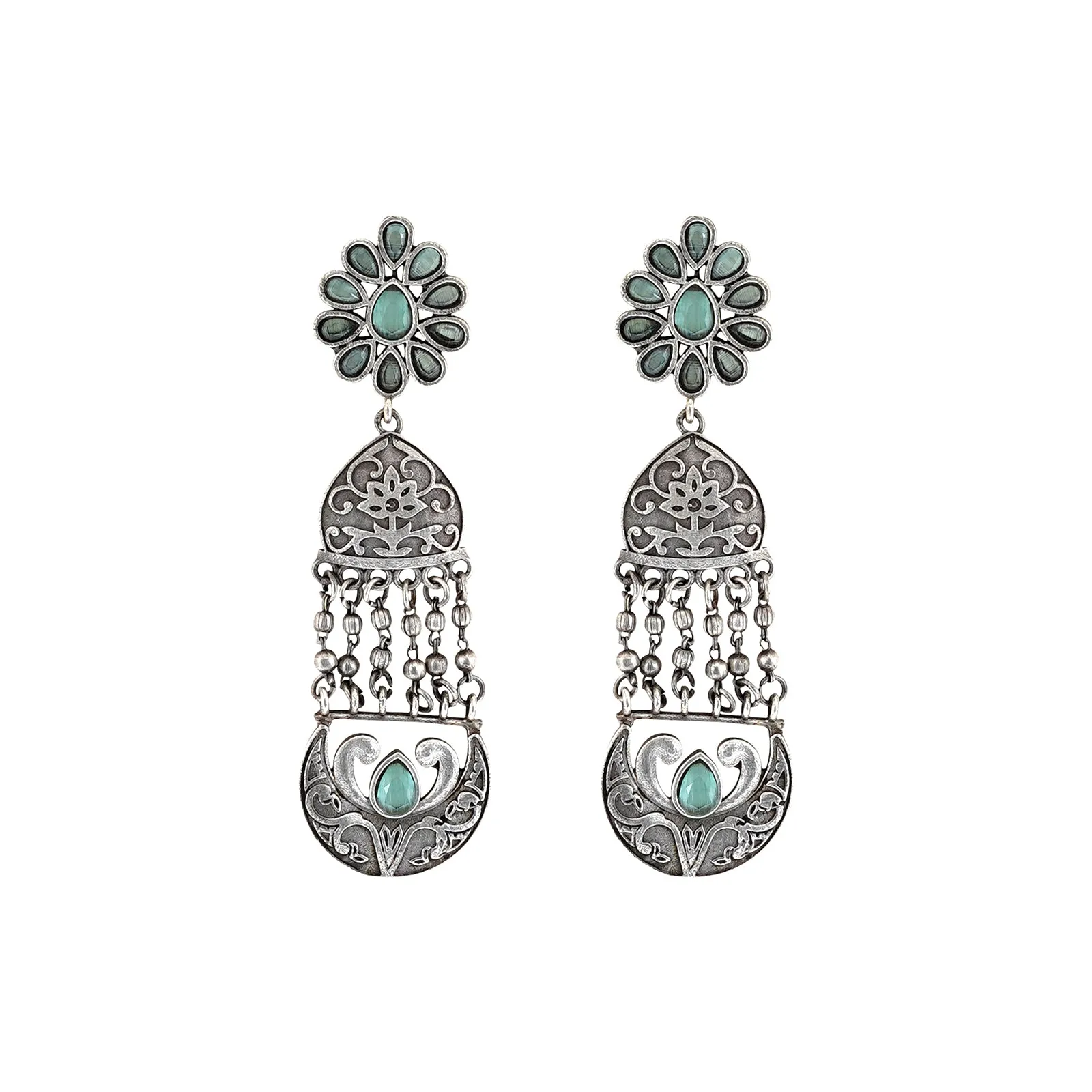 Teejh Bina Floral Green Silver Oxidised Earrings