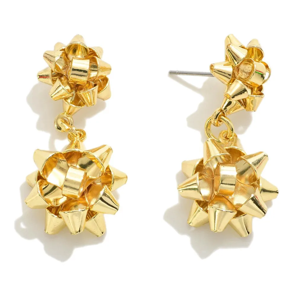 Tell Your Tale Metal Gift Bow Waterfall Drop Earrings