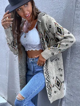 Women's Printed Open Front Longline Knit Cardigan With Hood