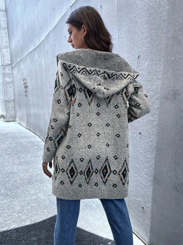 Women's Printed Open Front Longline Knit Cardigan With Hood